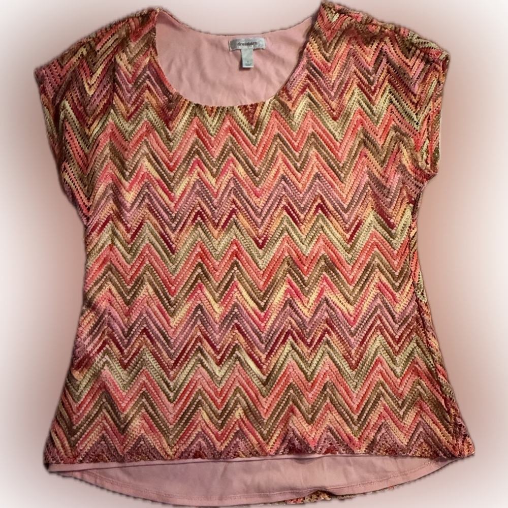 Dressbarn crochet knit, Chevron, lined, Cap Sleeve Blouse, Large